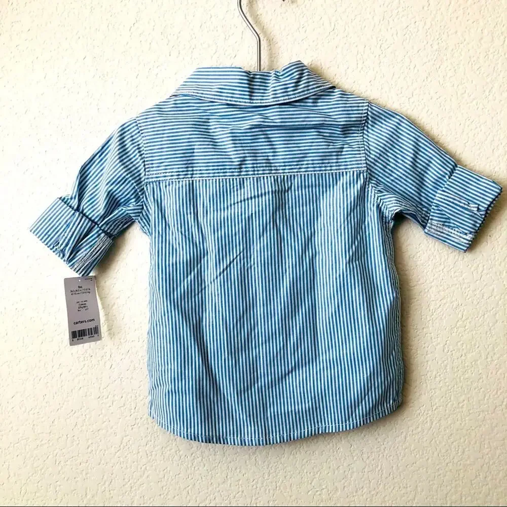 Carter’s blue white vertical stripe button down collared shirt top cuffed sleeve
